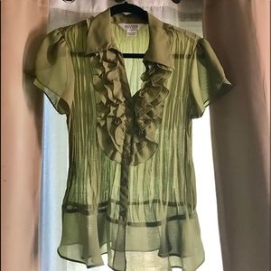 Olive Short Sleeve Ruffled Plaque Blouse